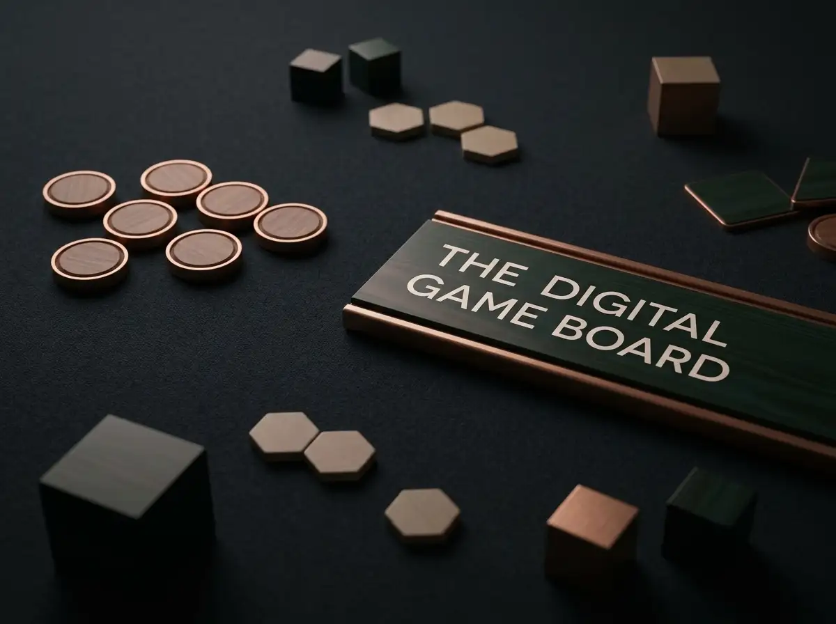 An unbranded casino table arrangement beside abstract game tiles
