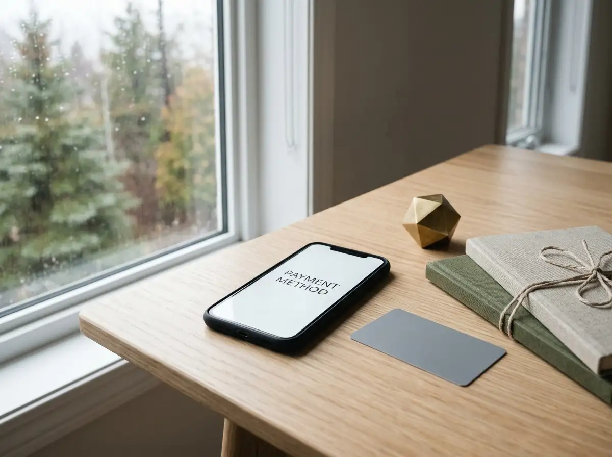 A neutral arrangement of a mobile wallet and payment cards on a desk
